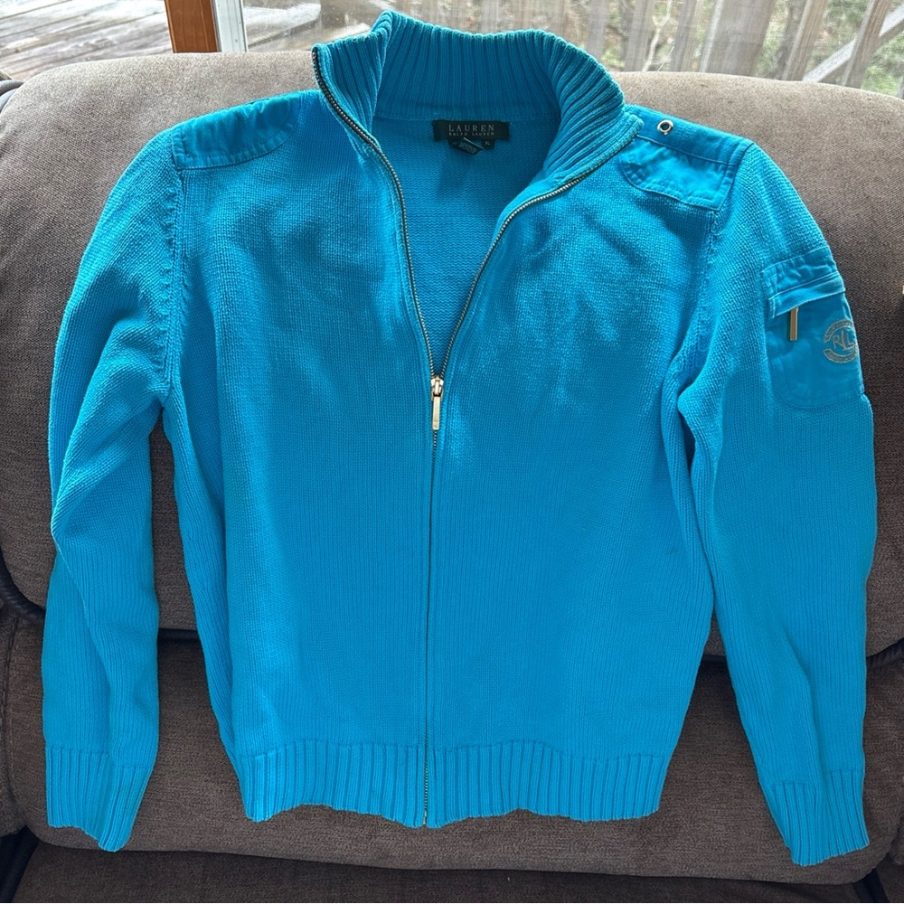 VtG Ralph Lauren Full Zip Cotton Knit Sweater Mock Neck Dark Aqua Blue Womens XL